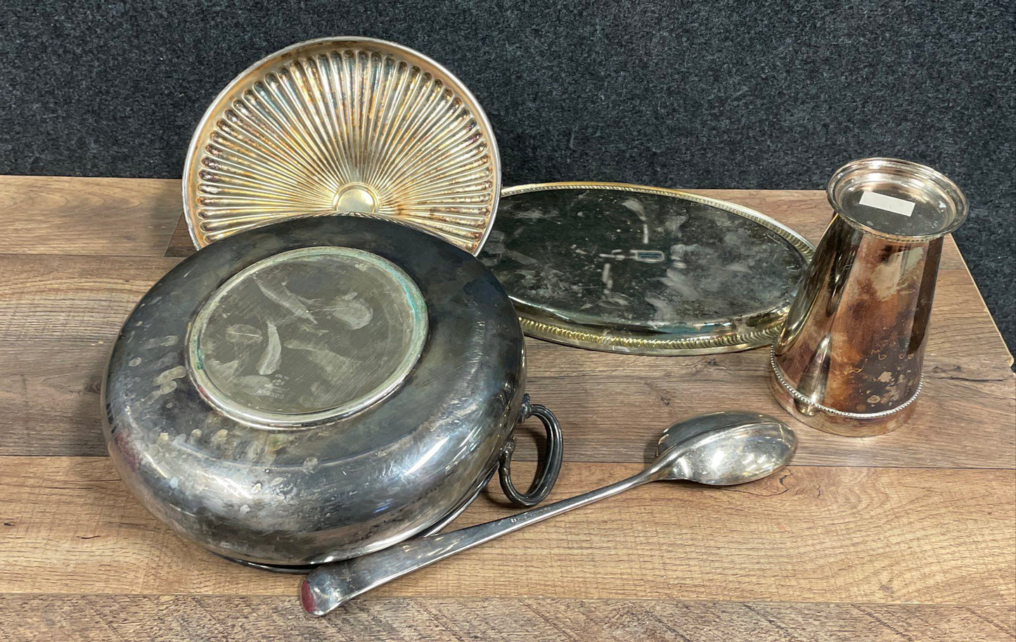 Vintage Silver Plate Holloware Serving Lot 4 Piece Tureen Tray Cup Spoon