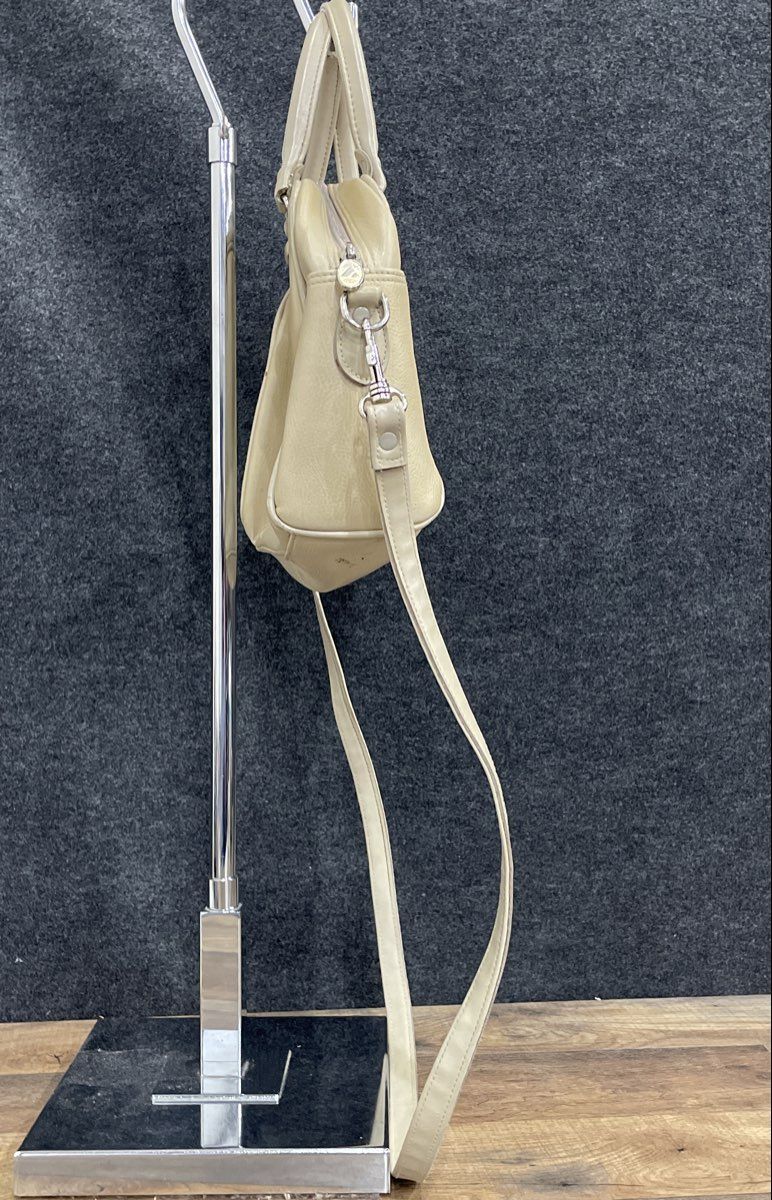 Vintage Liz Claiborne Cream Pebbled Leather Satchel Crossbody Bag Silver Tone