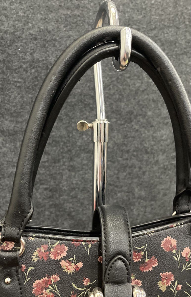 Chaps Black Red Floral Print Pebbled Faux Leather Satchel Bag Silver Hardware
