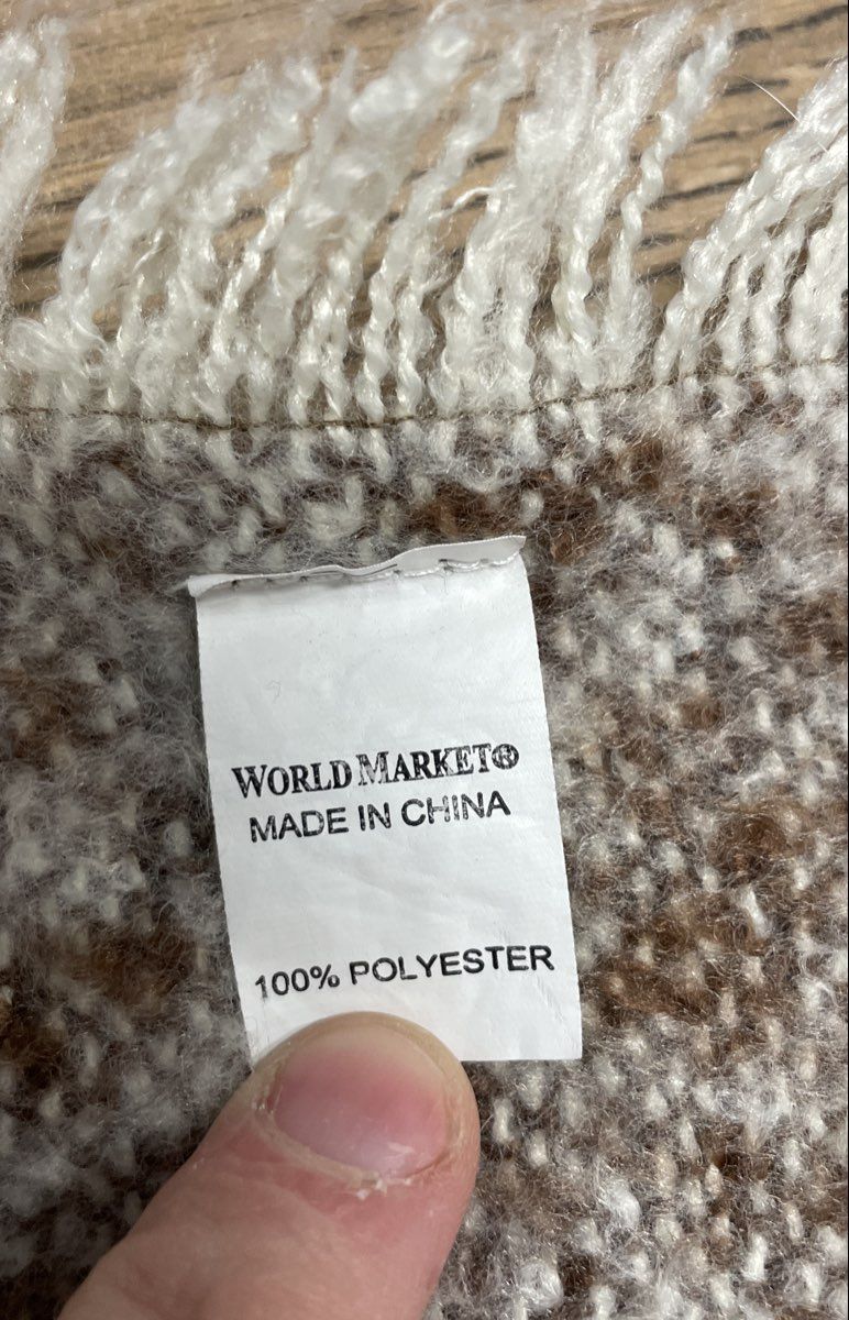 World Market Women's Hooded Cape Poncho Tan Cream Marled Fringe Pockets OS
