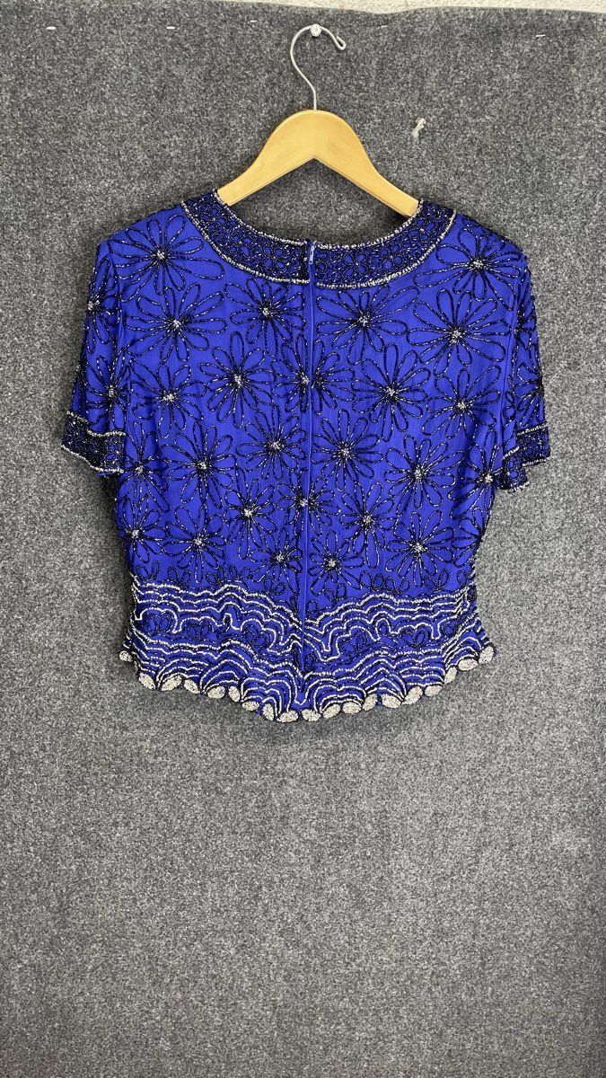 Vintage 90s Adrianna Papell Women's Blue Beaded Silk Evening Blouse Top Sz L