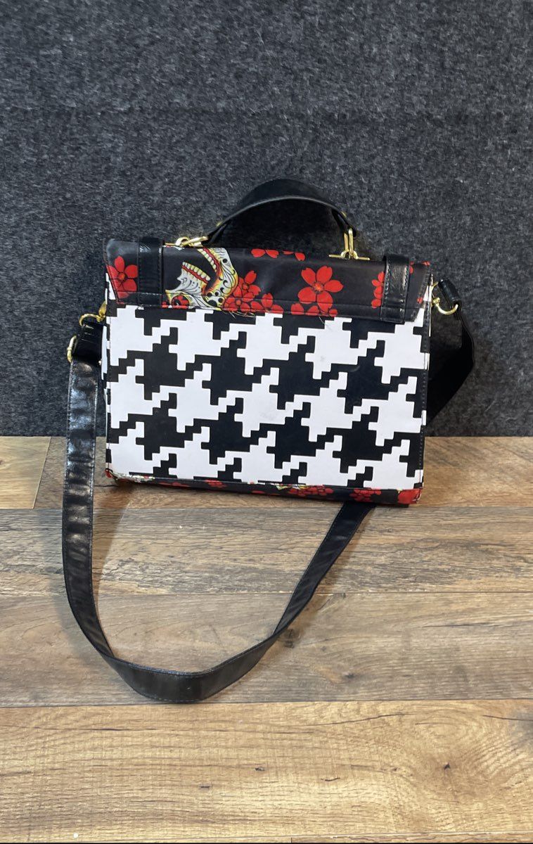 Fox Trot Handbag Houndstooth Floral Skull Satchel Crossbody Gold Tone Hardware