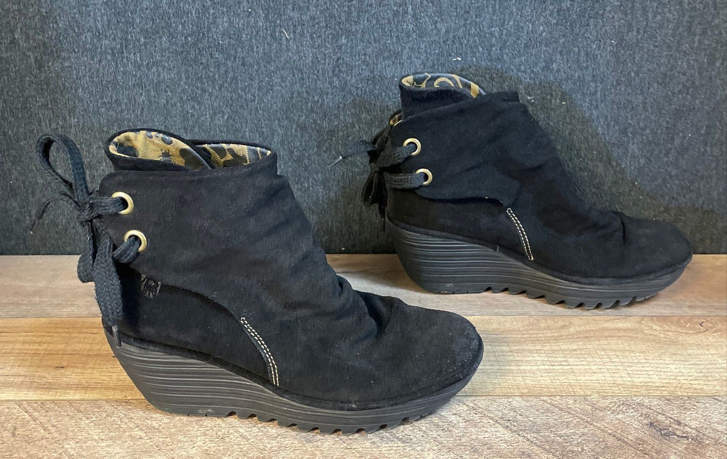Fly London Yip Black Suede Wedge Ankle Boots Size 39