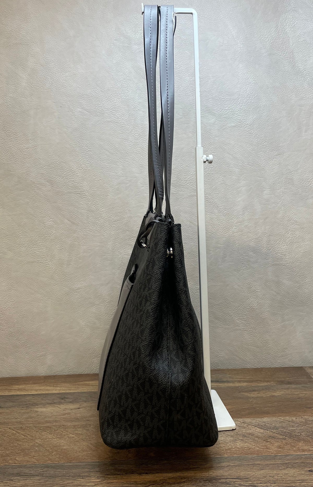 Michael Kors Black Grey Signature Monogram Logo Tote Bag Silver Hardware