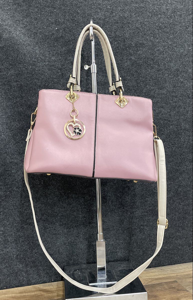 Pink and White Leather Satchel Handbag Crossbody Bag Gold Tone Heart Charm