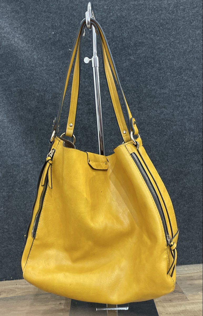 Yellow Leather Hobo Shoulder Bag Gold Tone Zipper Accents Large Tote