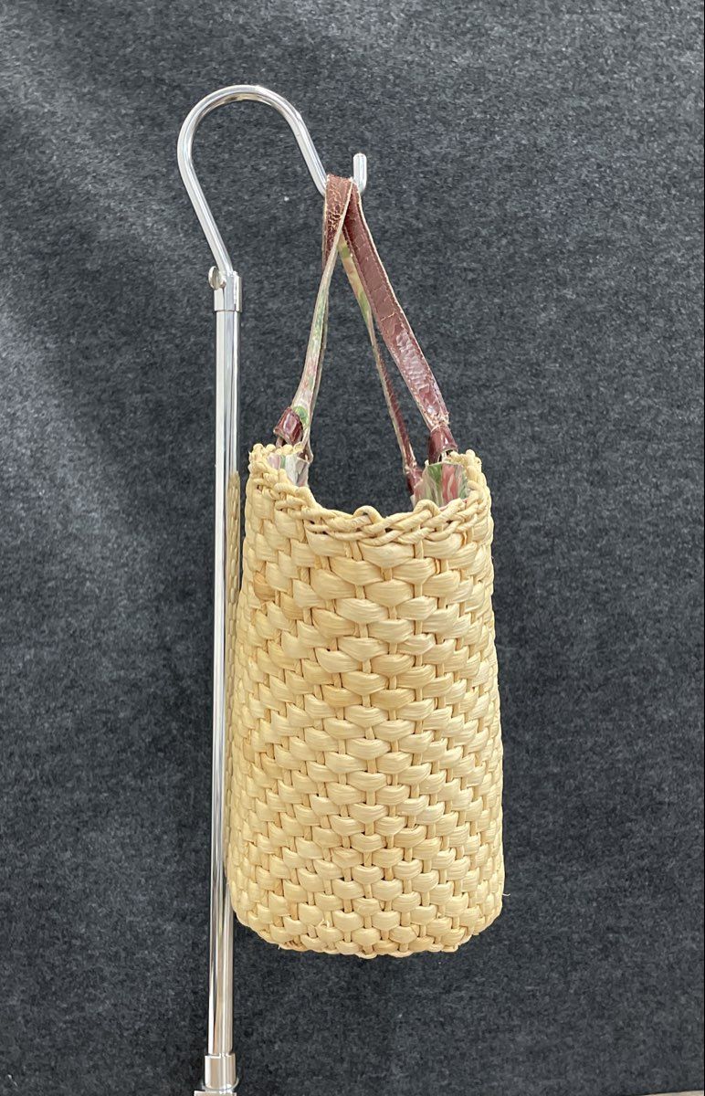 Cappelli Vintage Woven Straw Wood Look Tote Bag Floral Lining Handbag