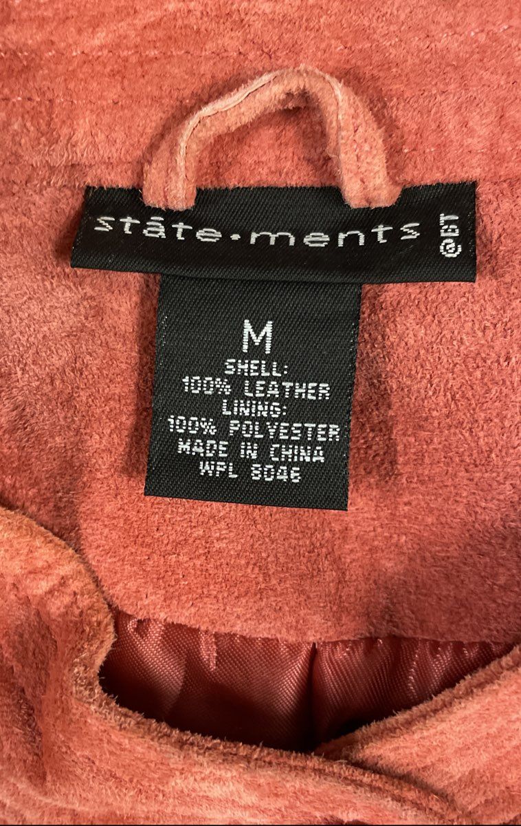 Statements Women's Coral Suede Leather Jacket Mandarin Collar Button Up Sz M