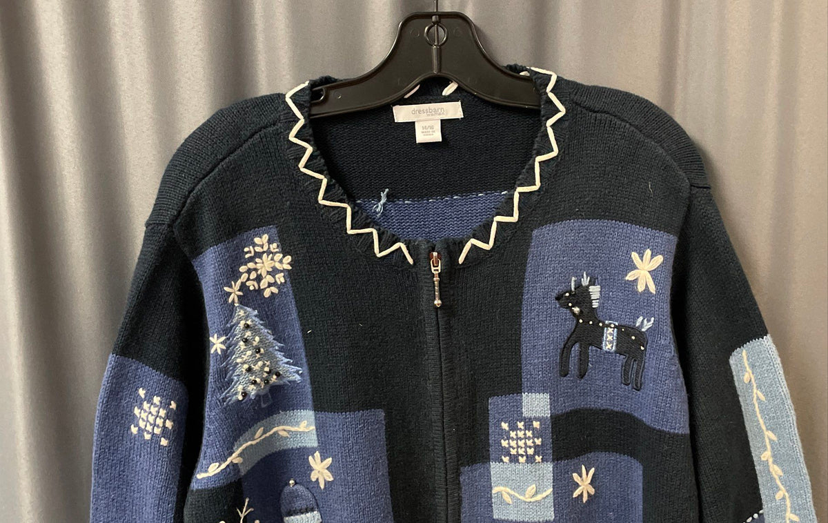 Dress Barn Woman Blue Winter Zip-Up Cardigan Snowflake Snowman Sz 14/16
