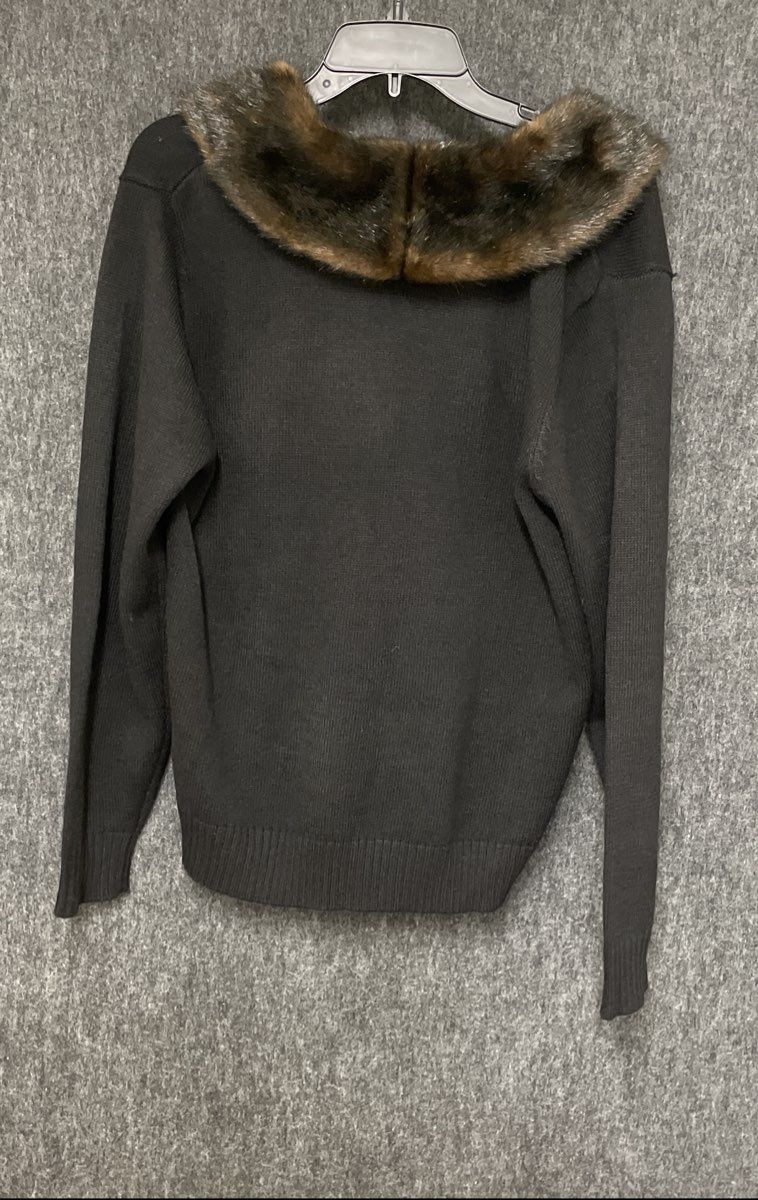 Vintage 90s Kathie Lee Collection Women's Black Cardigan Faux Fur Collar Sz L