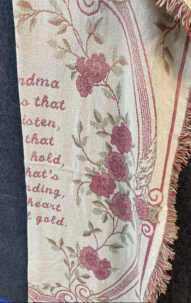 Vintage Grandma Tapestry Throw Blanket Woven Fringe Floral Rose Verse Pink