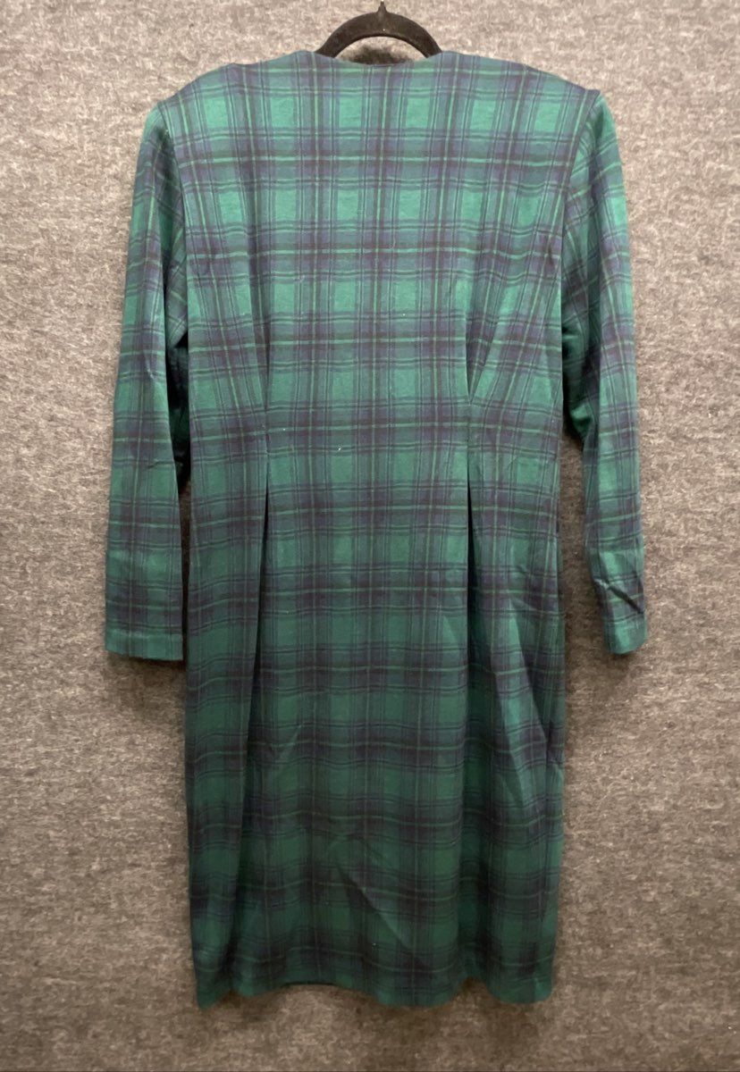 Miss Dorby Vintage 80s Green Navy Tartan Plaid Button Dress