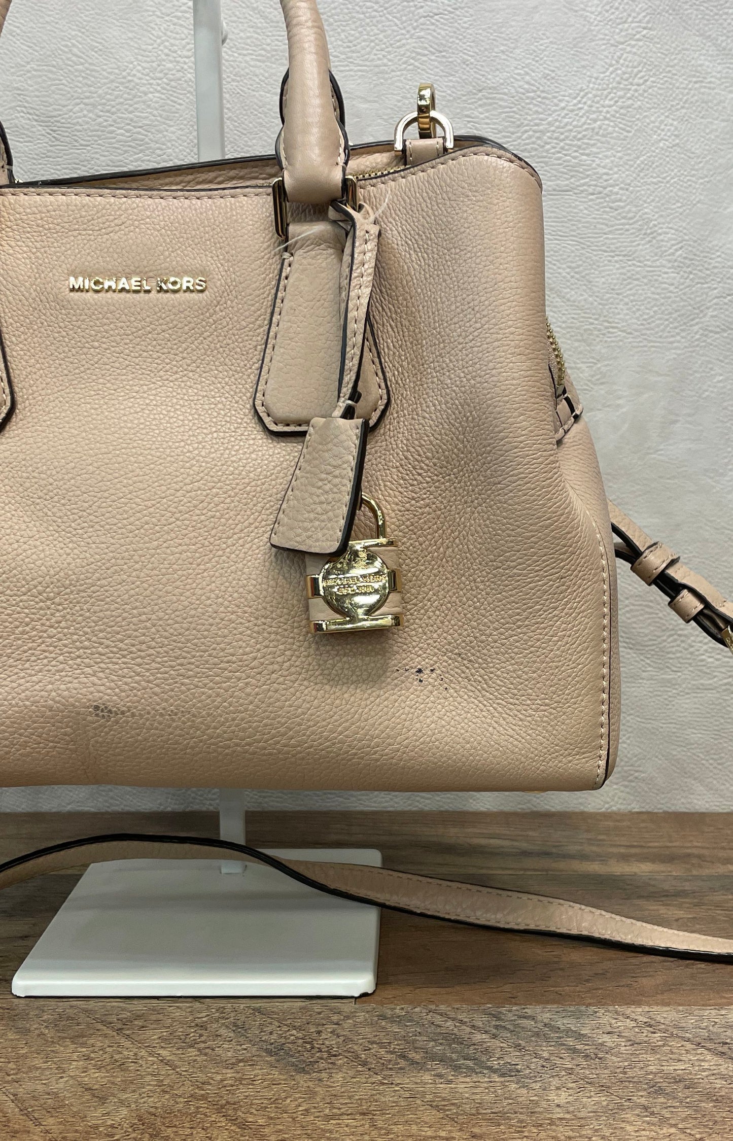 Michael Kors Beige Pebbled Leather Medium Camille Satchel Bag Gold Hardware