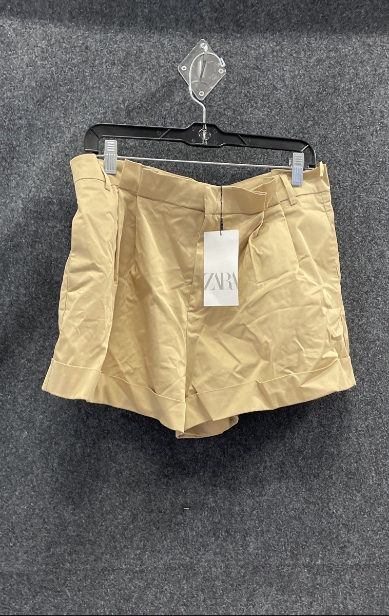 Zara Women's Khaki Cuffed Cotton Blend Chino Shorts Size L NWT