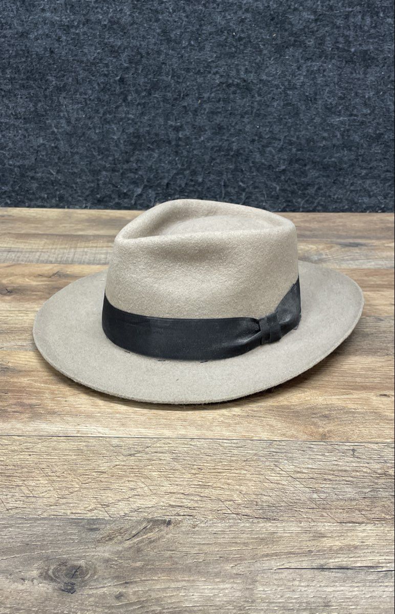 Unisex Fedora Hat Beige Tan Wide Brim Felt Black Grosgrain Ribbon Band