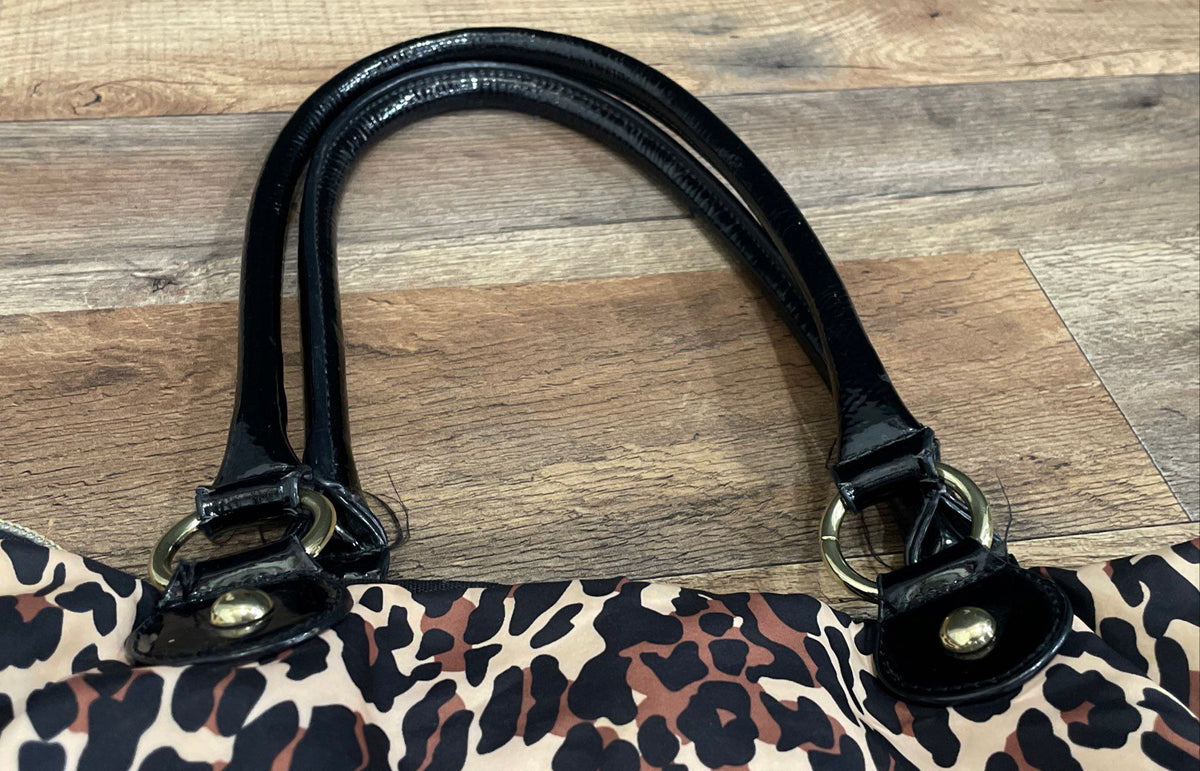 Betsey Johnson Cheetah Print Fabric Satchel Tote Bag Multi-Pocket Gold Hardware