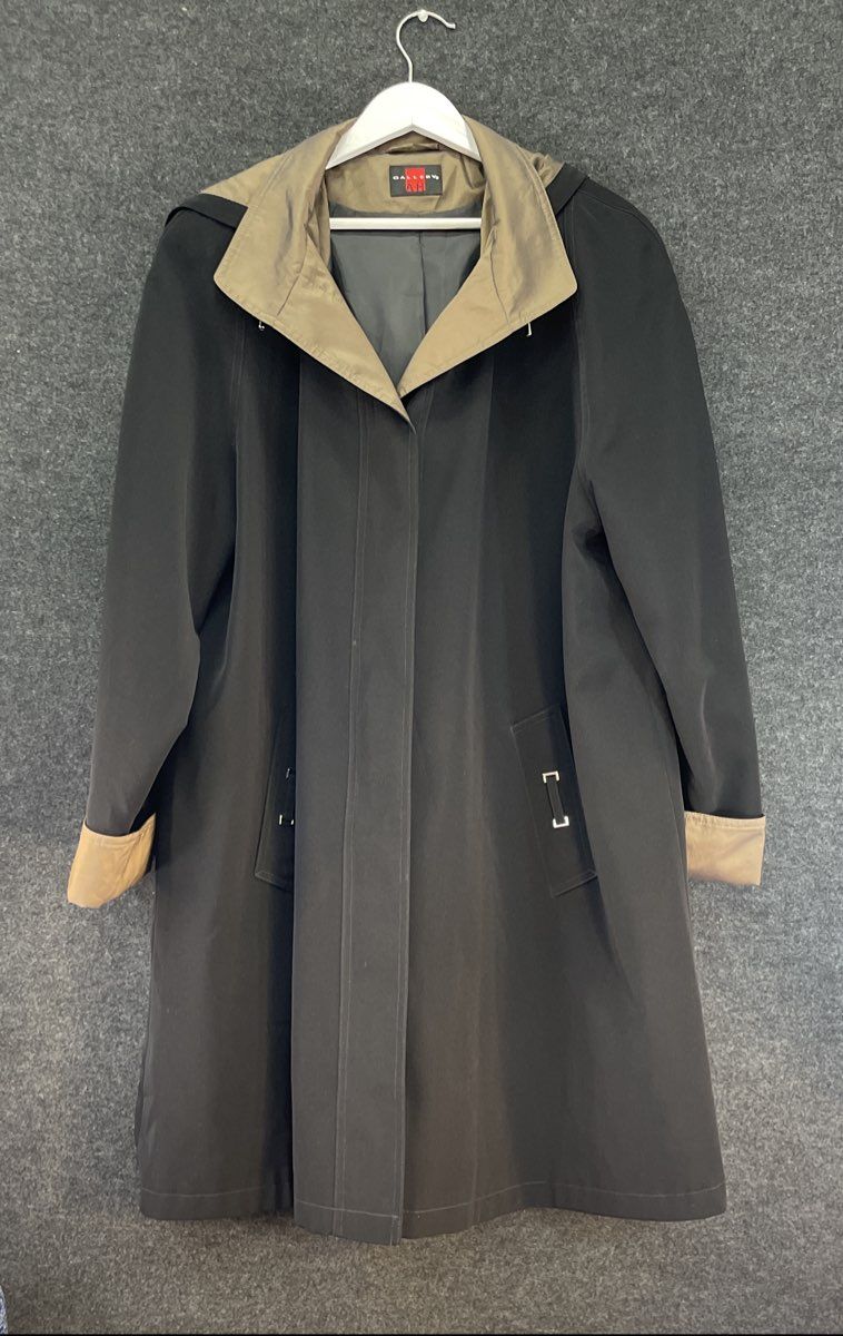 Vintage 90s Gallery Women's Black Hooded Raincoat Khaki Contrast Lining Long