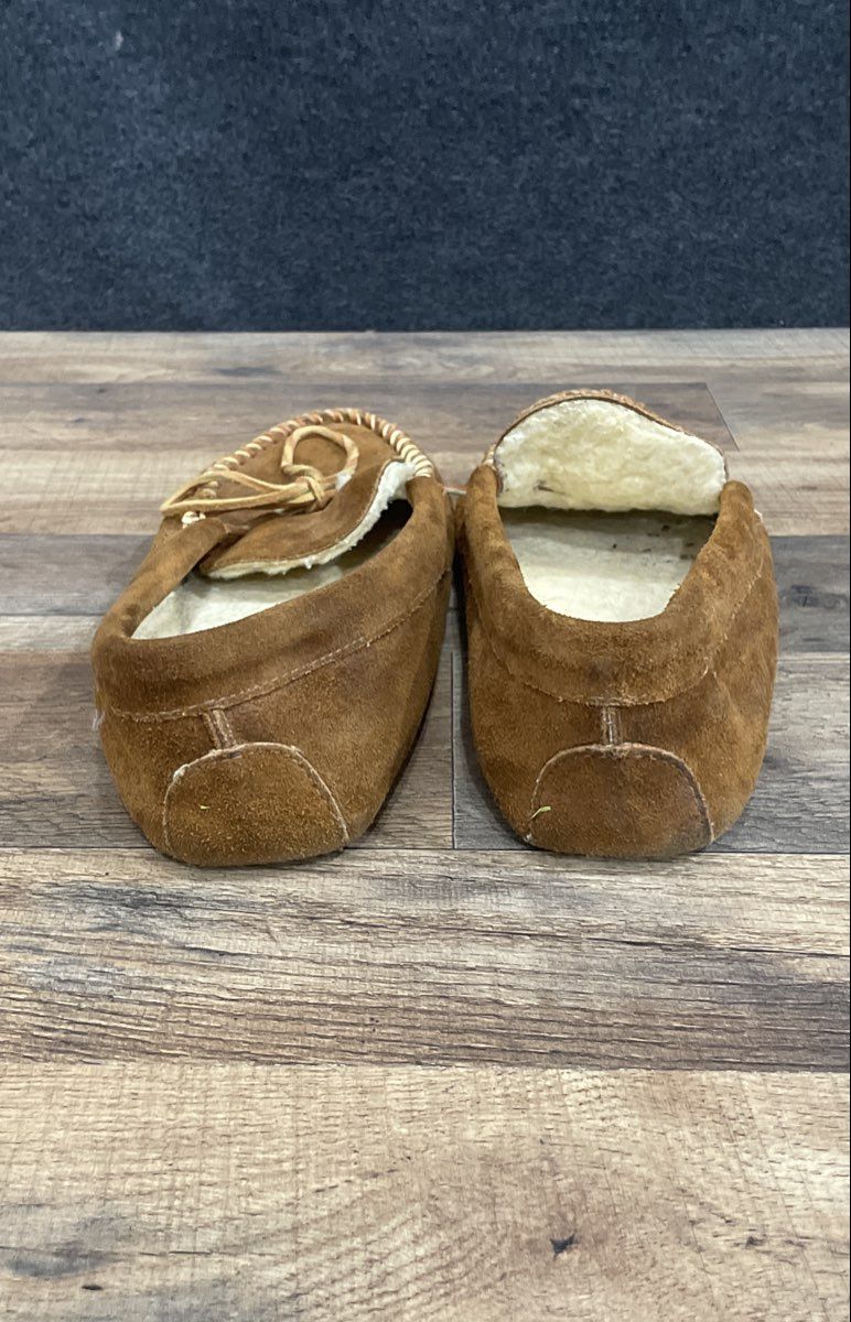 Brown Suede Shearling Lined Moccasin Slippers Soft Sole Loafers 12 Inch Length