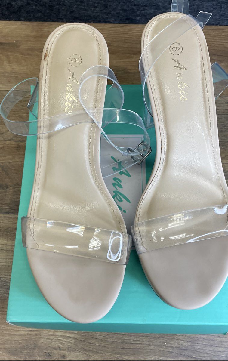 Ankis Clear Lucite Strappy Platform Block Heel Sandals Nude Womens Size 8