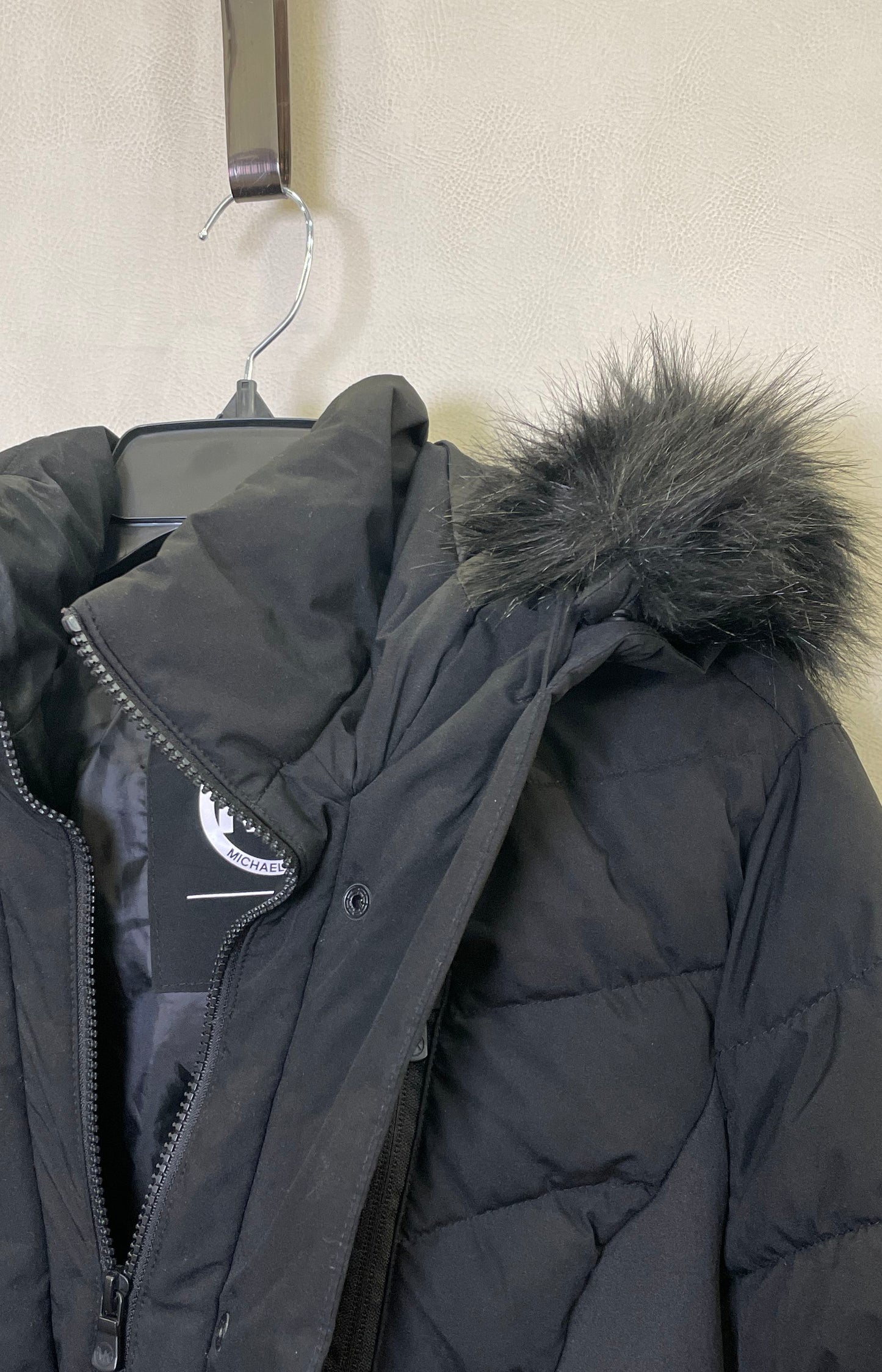Michael Kors Women's Black Quilted Puffer Jacket Faux Fur Trim Hood Belted Sz 1X