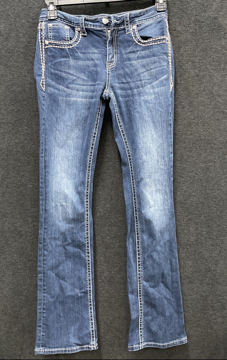 Grace in LA Women's Blue Easy Fit Embellished Bootcut Denim Jeans Sz 27