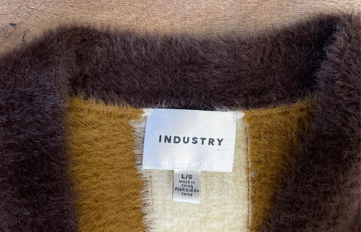 Industry Women's Brown Multicolor Fuzzy Striped Eyelash Knit Cardigan Sz L