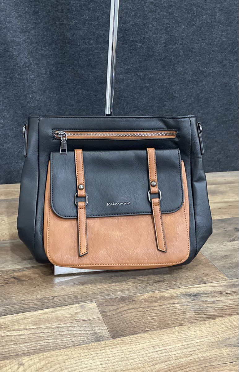Rainsmore Black Brown Leather Multi-Pocket Shoulder Bag Silver Tone Hardware