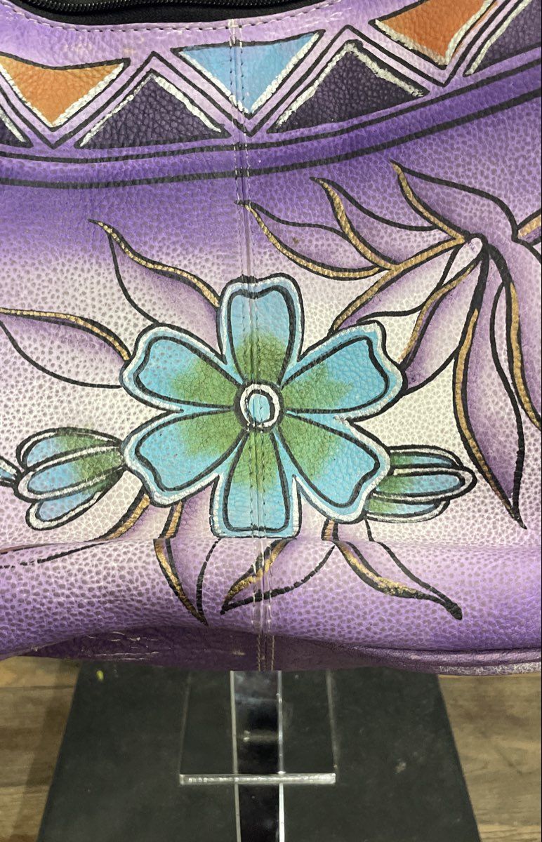 Vintage Purple Hand Painted Leather Floral Geometric Hobo Shoulder Bag
