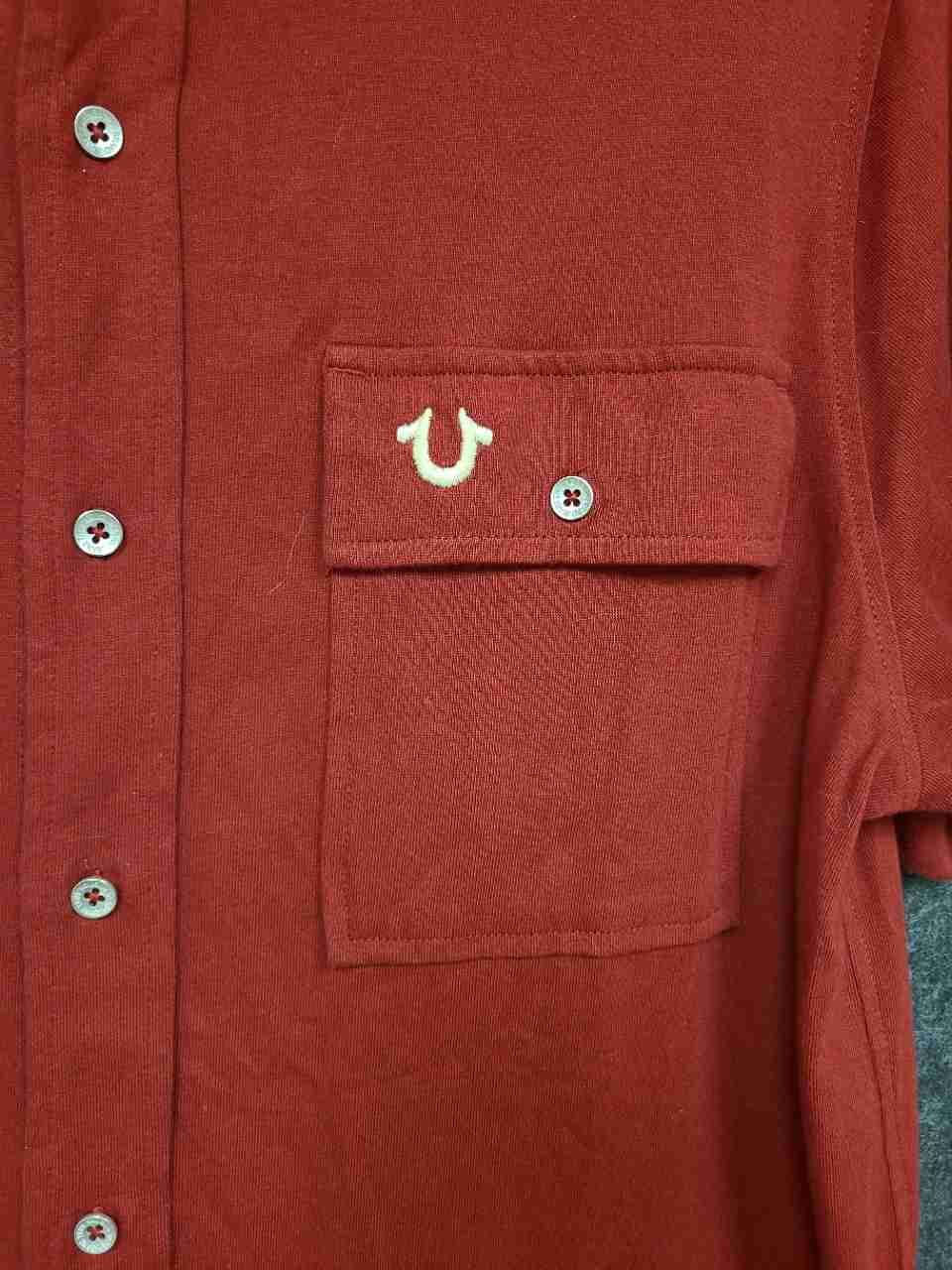 True Religion Men's Red Short Sleeve Cotton Button Down Logo Pocket Shirt Sz M