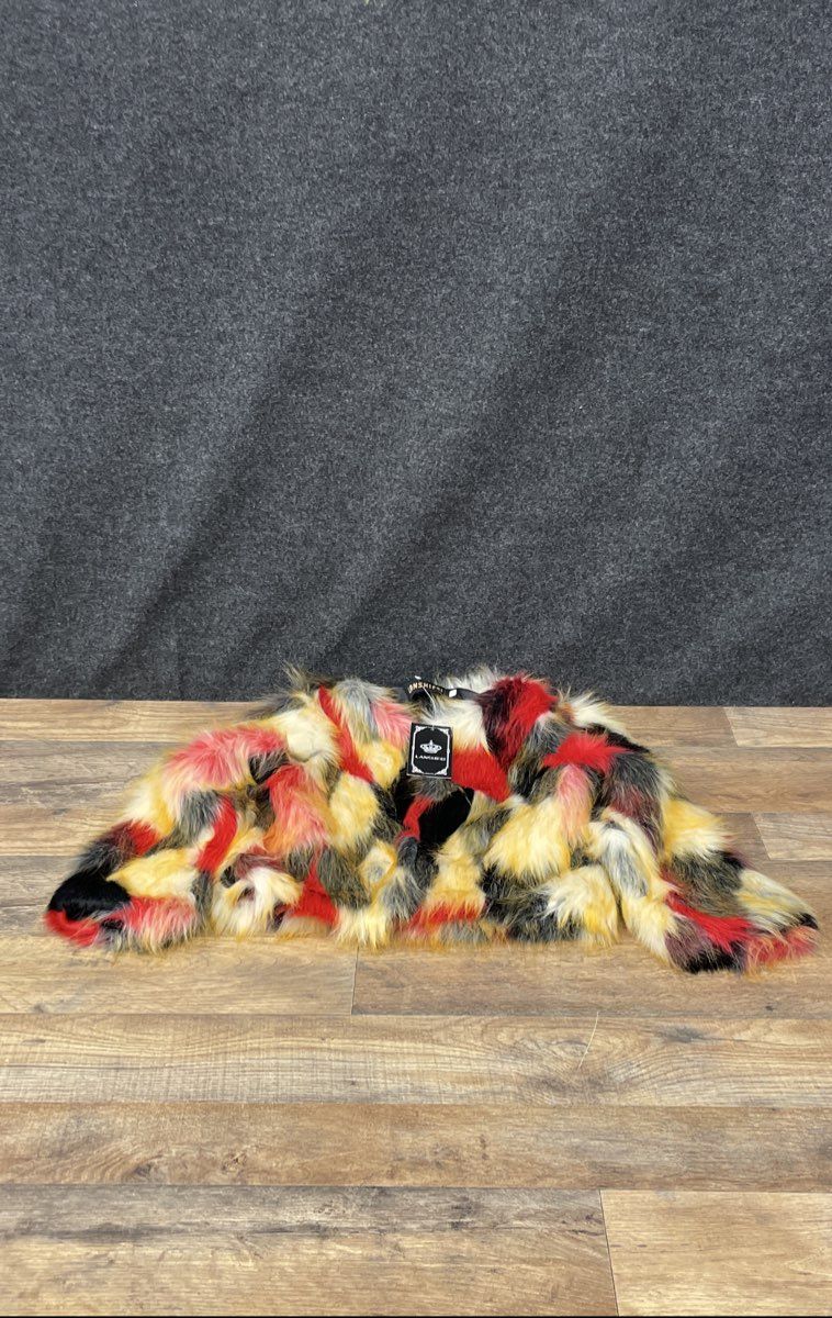 Lanshifei Women's Red Yellow Black Shaggy Faux Fur Patchwork Crop Jacket NWT S