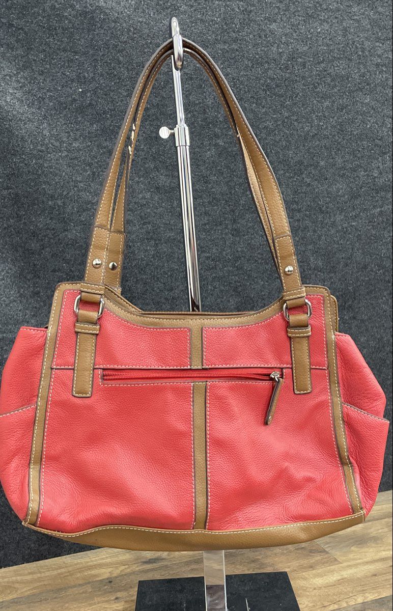 Tignanello Red Brown Pebbled Leather Shoulder Bag Tote Silver Hardware