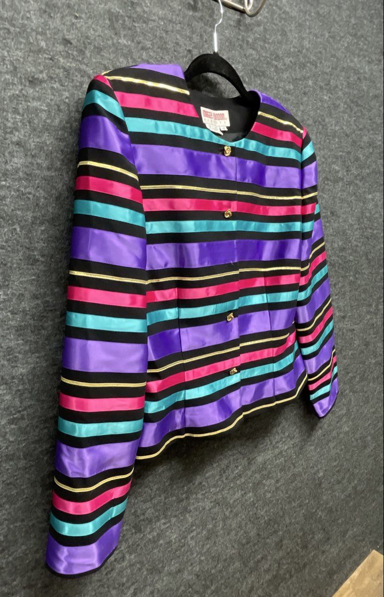 Vintage 80s Maggy London Evening Striped Metallic Gold Blazer Jacket Sz 10