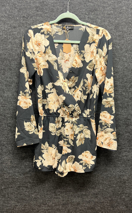 Lulus Women's Black Cream Floral V-Neck Long Sleeve Romper NWT Sz XS
