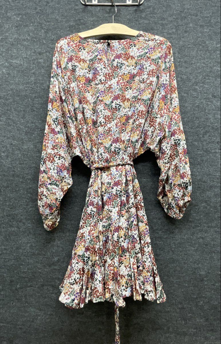 Women's Multicolor Floral Batwing Sleeve Braided Belt Ruffle Tiered Mini Dress