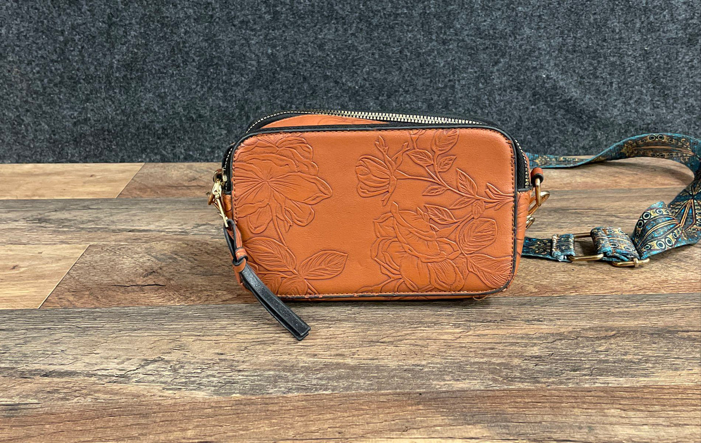 Vintage Brown Floral Embossed Bohemian Crossbody Bag with Patterned Strap
