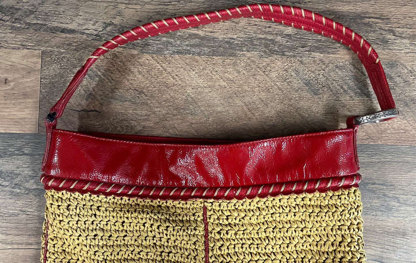 Brighton Red Leather Trim Woven Straw Hobo Shoulder Bag Medium