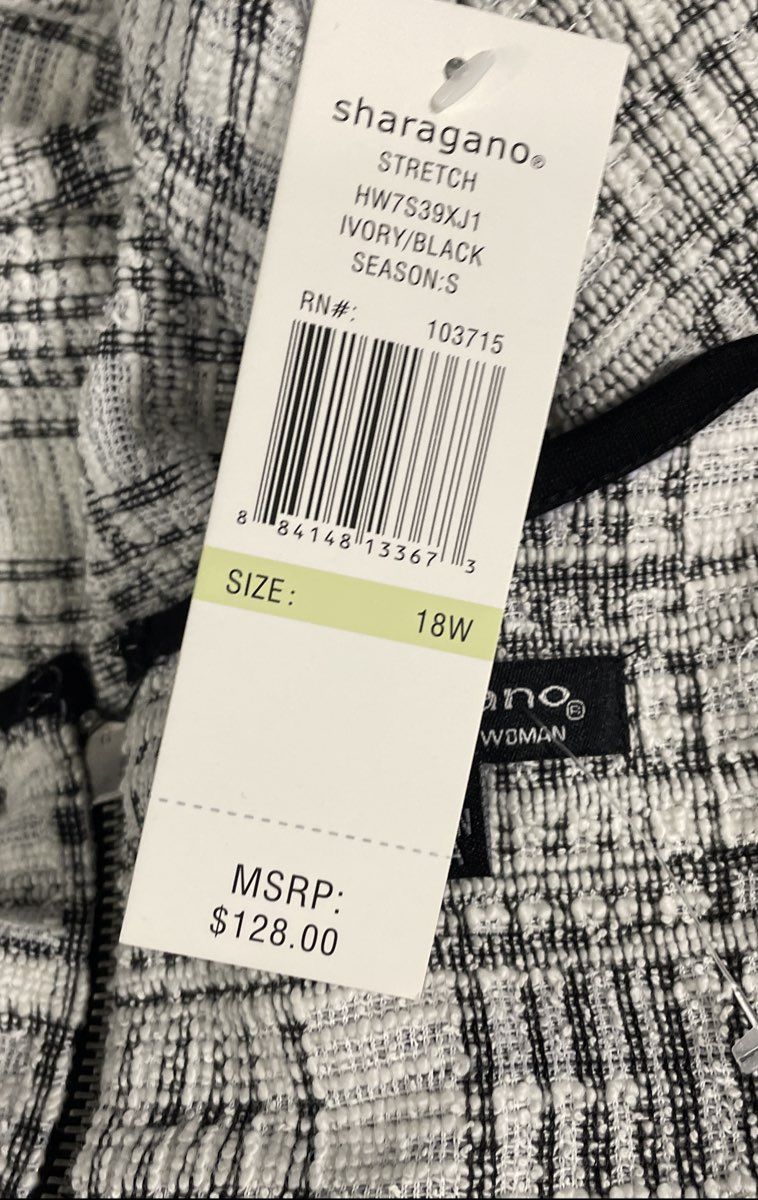 Sharagano Women's Ivory Black Plaid Stretch Sheath Dress NWT Sz 18W