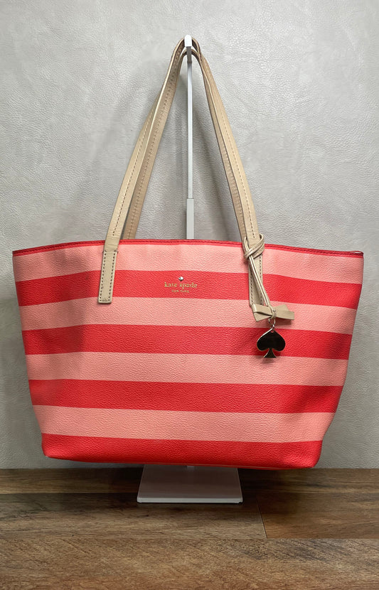 Kate Spade Red Pink Striped Pebbled Leather Tote Handbag Medium Shoulder Bag