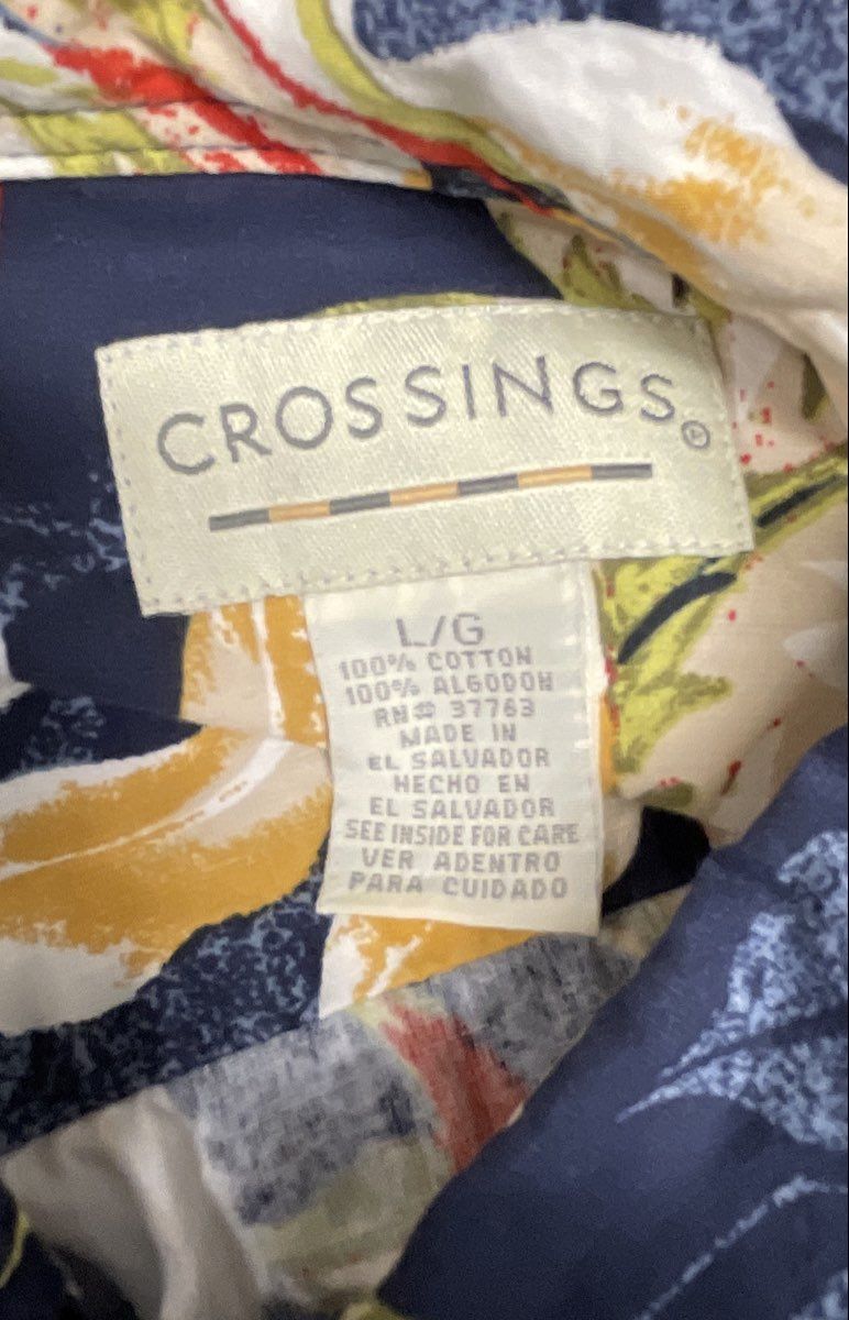 Vintage Y2K Crossings Men's Navy Blue Floral Bird of Paradise Cotton Shirt Sz L