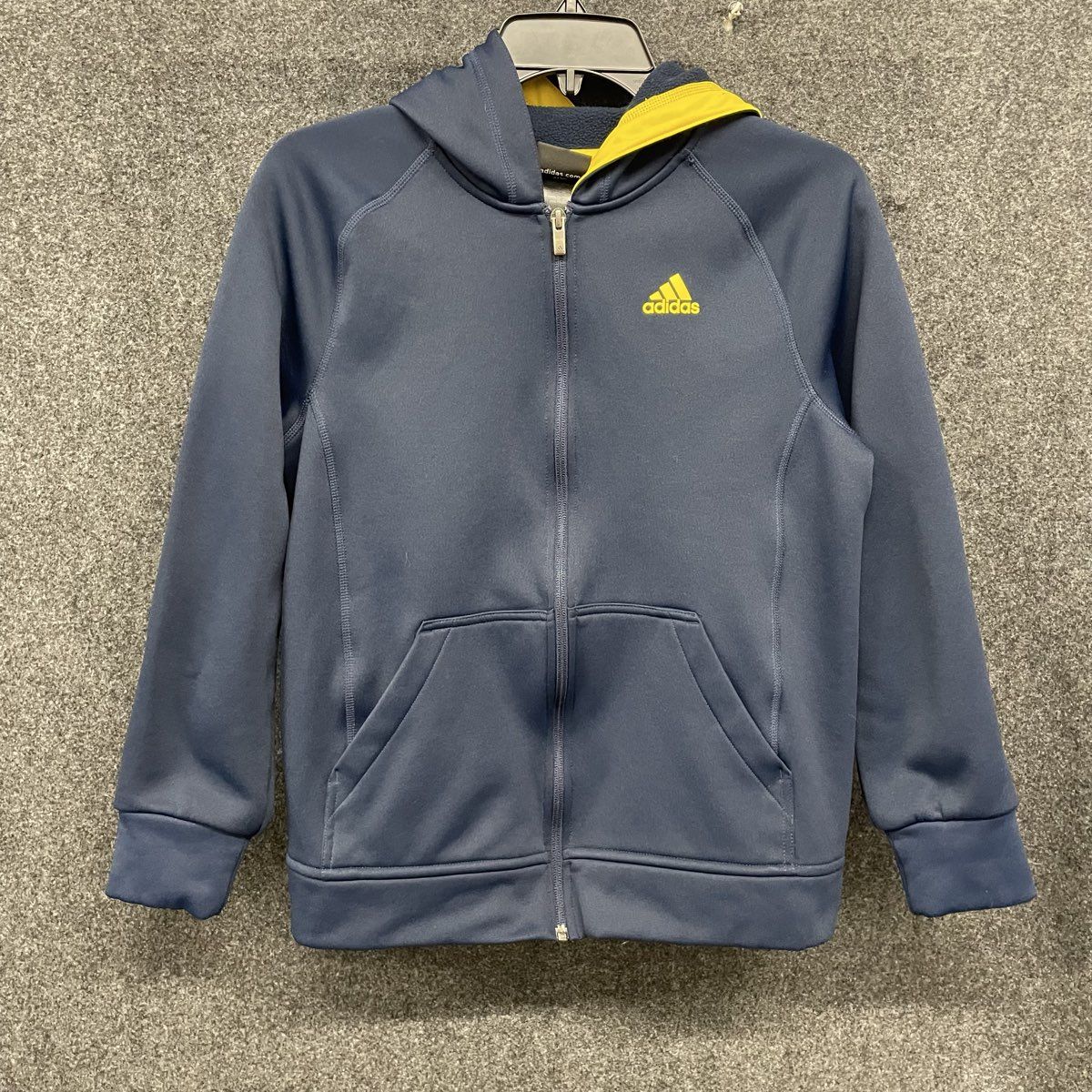Adidas Youth Navy Blue Full Zip Hoodie Yellow Logo Contrast Hood Sz L 14/16