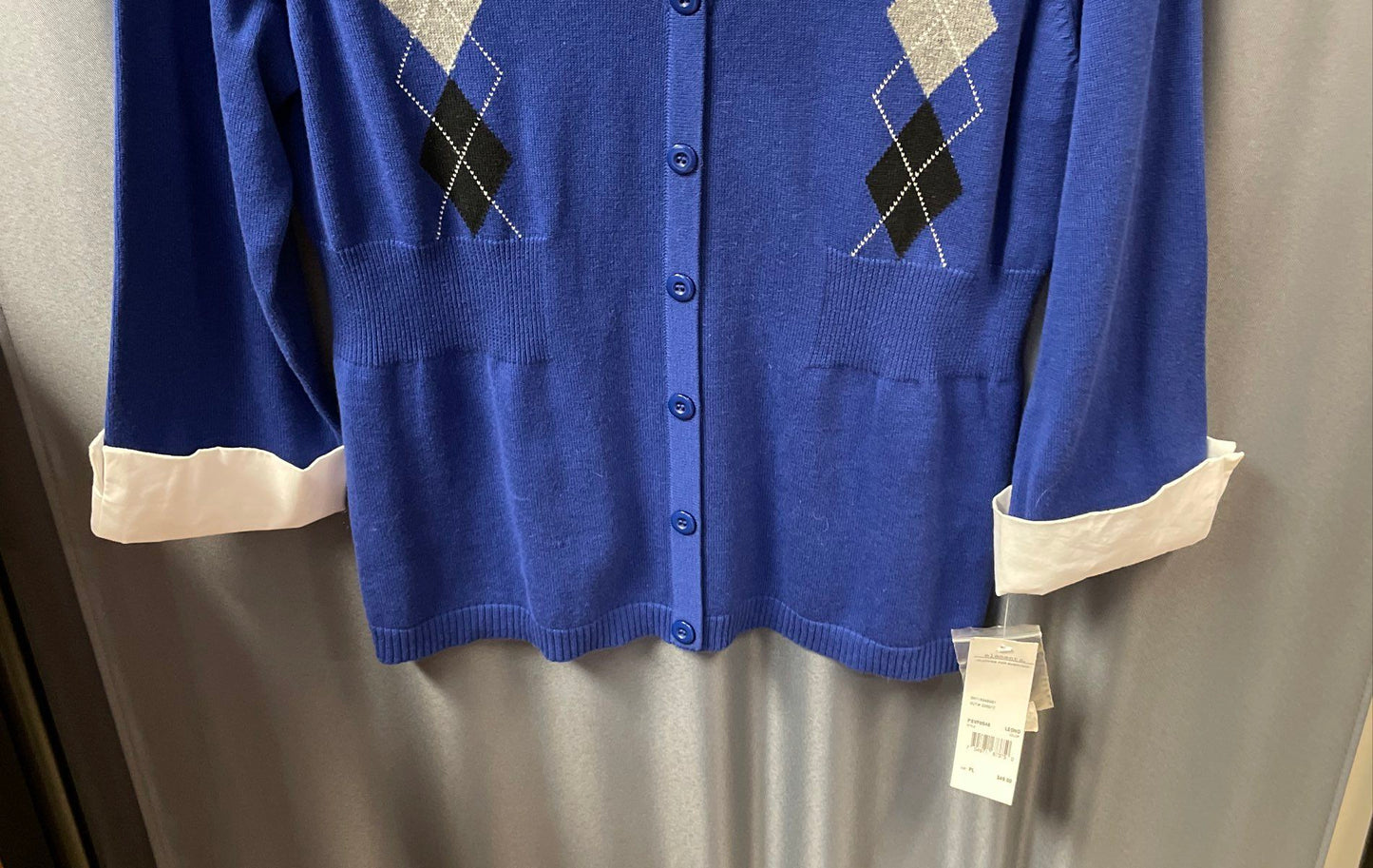 Elementz Women's Blue Argyle Mock Layer Cardigan Shirt NWT Petite Large