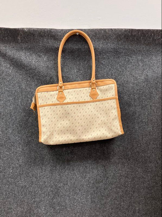 Vintage 80s Beige Monogram Canvas Tote Shoulder Bag Tan Trim Satchel