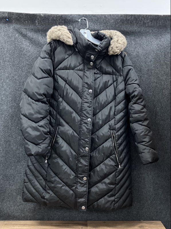 London Fog Women's Black Chevron Quilted Faux Fur Hood Puffer Coat Sz XL
