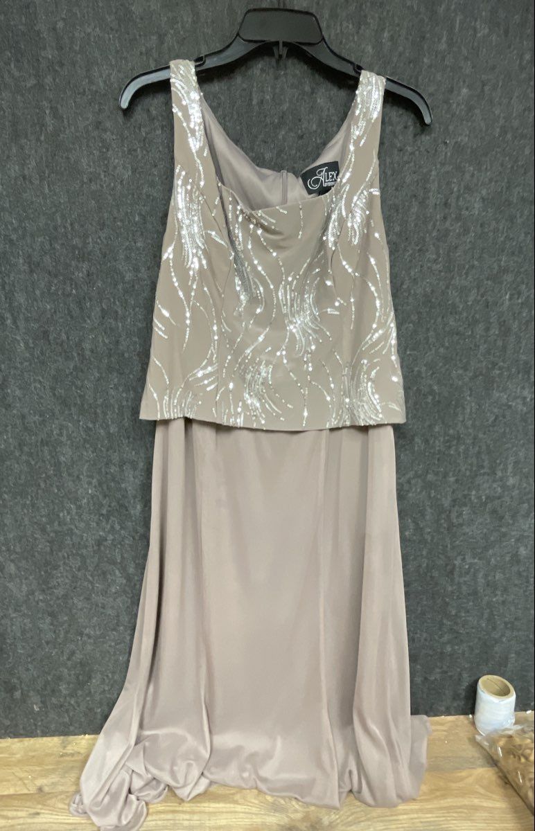Alex Evenings Women's Taupe Silver Sequined Formal 2-Pc Dress Gown Set Sz 12