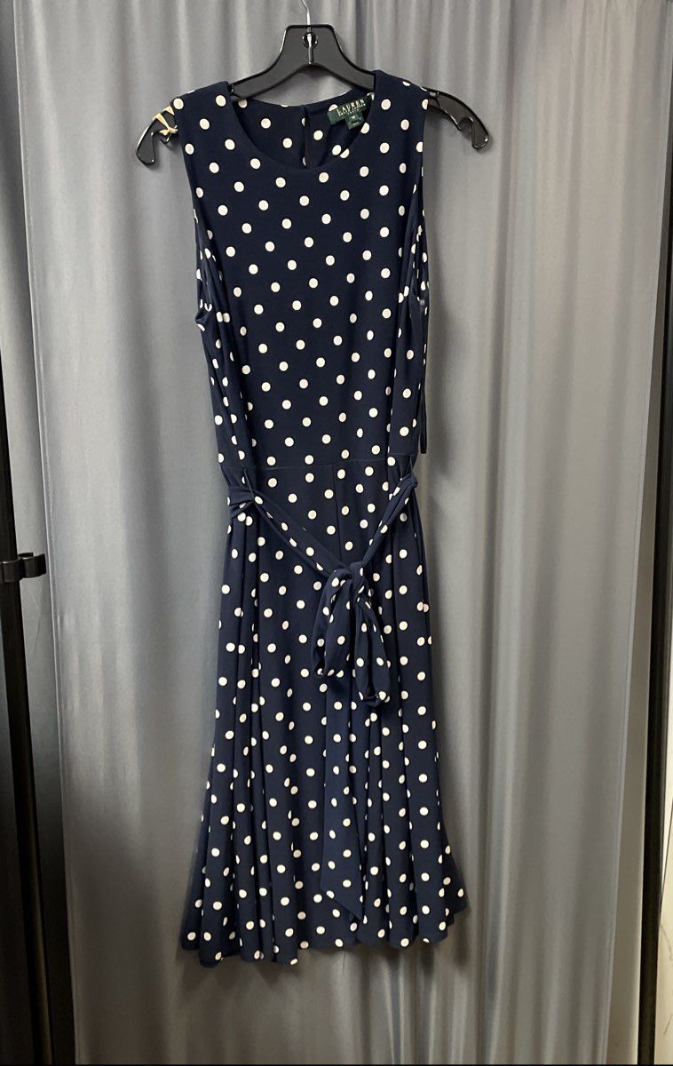 Lauren Ralph Lauren Women's Navy Blue White Polka Dot Sleeveless Dress Size 10