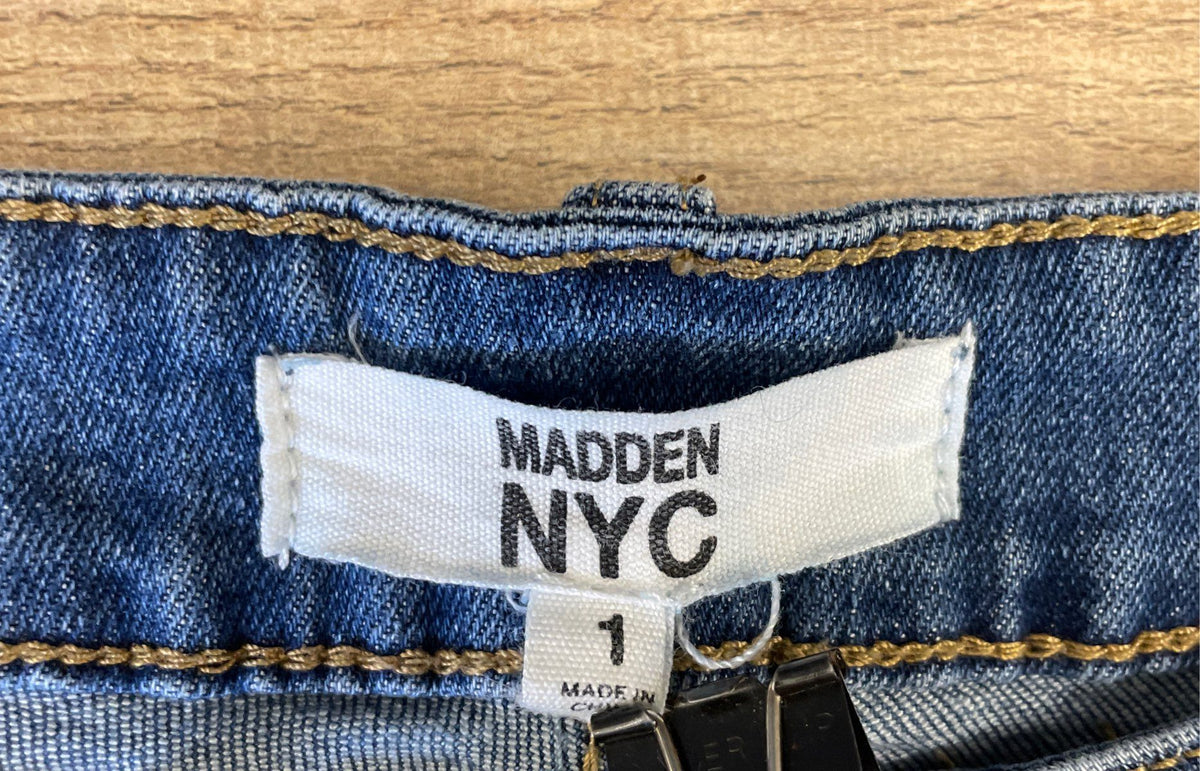 Madden NYC Women's Blue Patchwork Raw Edge Flared Jeans Sz 1