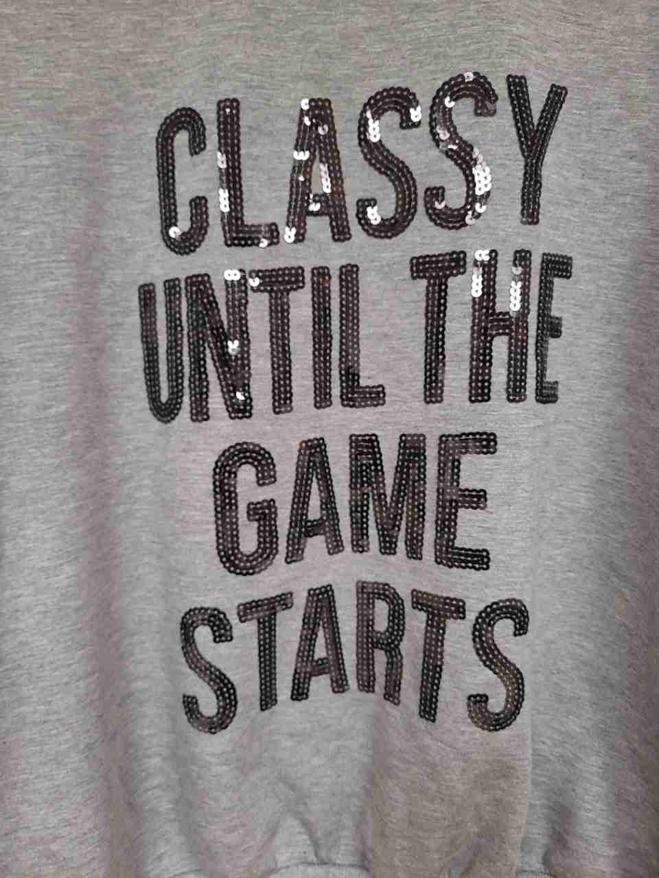 Simply Southern Women's Gray Sequin Classy Until The Game Starts Sweatshirt XL