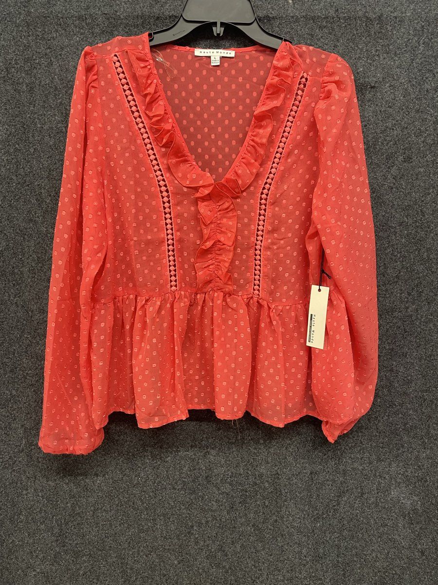 Haute Monde Women's Coral Swiss Dot Ruffle Peplum Blouse V-Neck NWT Sz L