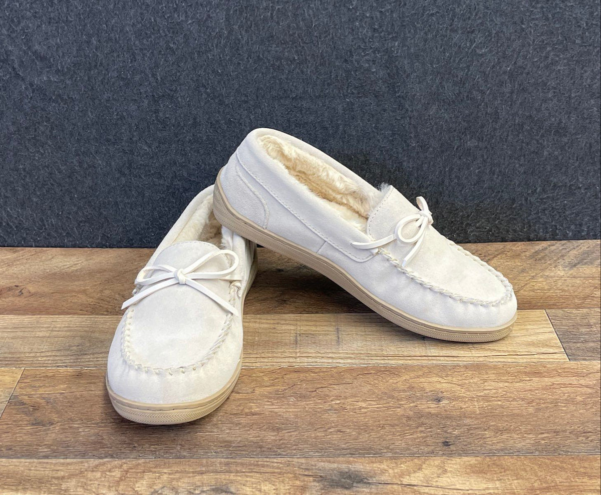 My Slippers Women's Cream Leather Moccasin Faux Fur Lined Size 10