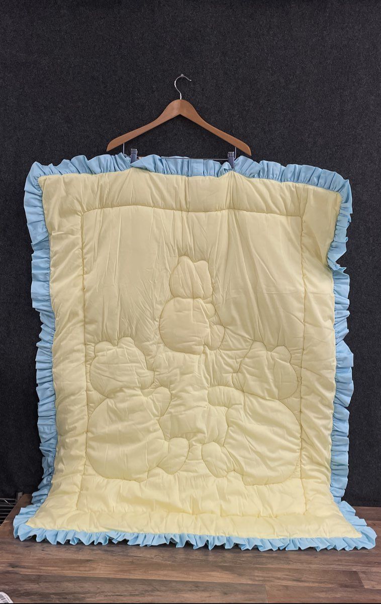 Vintage Baby Blanket Puffy Comforter Teddy Bear Applique Yellow Pink Blue Plaid